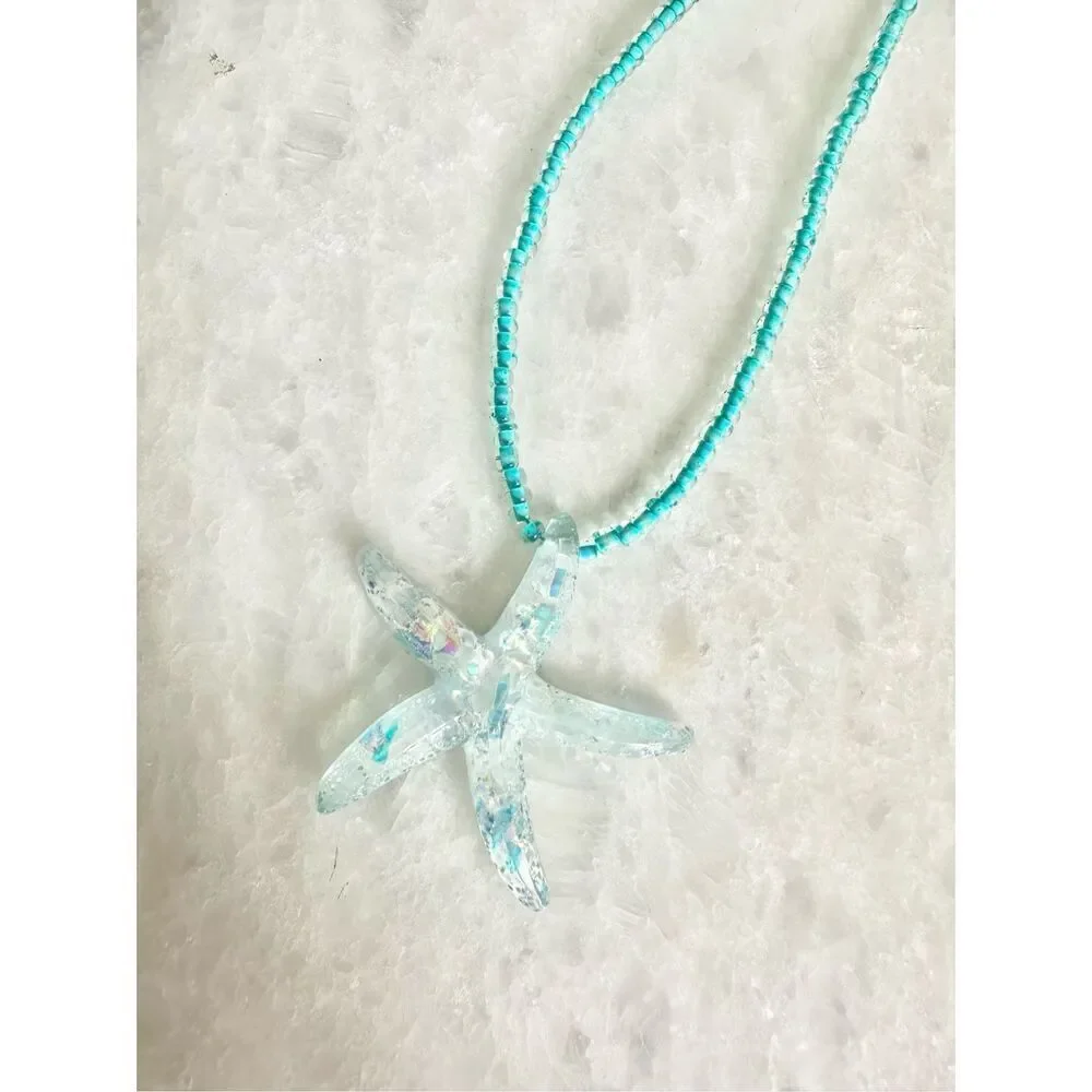 Aqua blue Starfish beaded pendant necklace ￼
